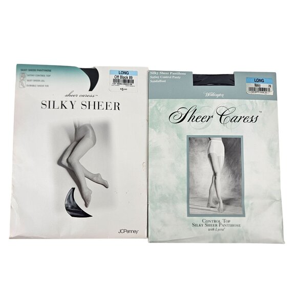 Sheer Caress Silky Sheer Pantyhose Control Top Long Off Black Navy JCPenney - Picture 1 of 12